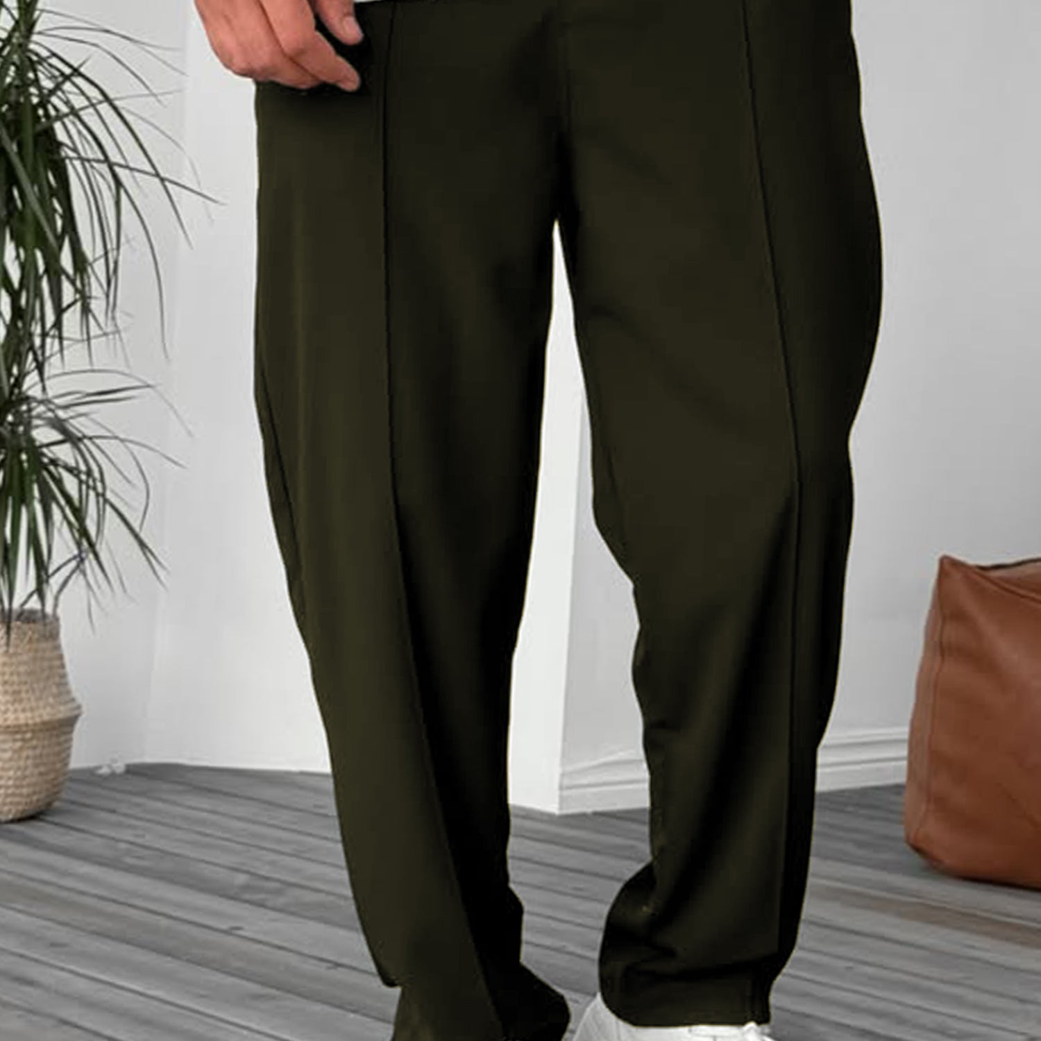 Plain Stripe Line Loose Bottom Trouser In Olive