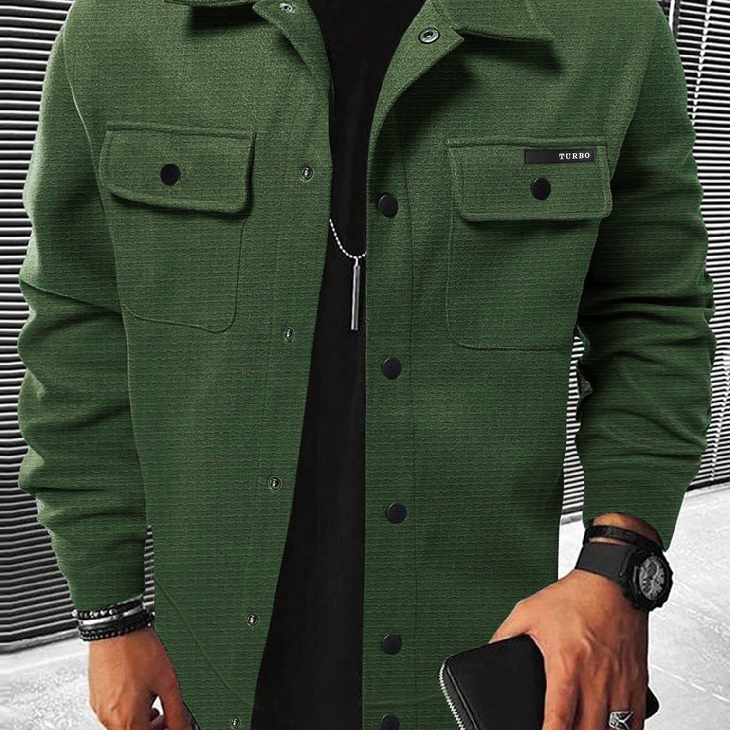 Front Flap Pocket Collar Motif Waffle Knit Jacket