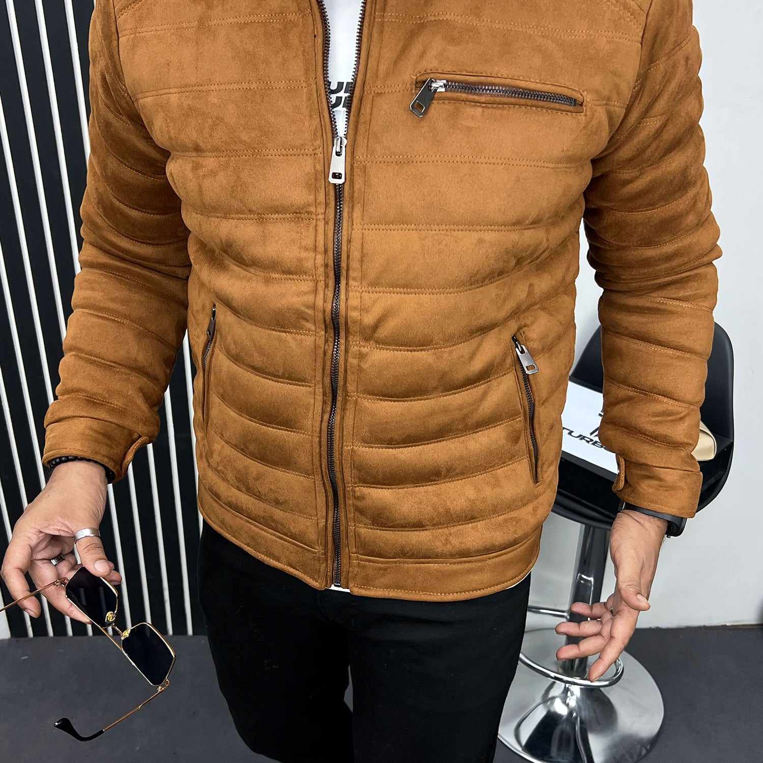 Quilted Pattern Iconic Zipper Men's Suede Jacket