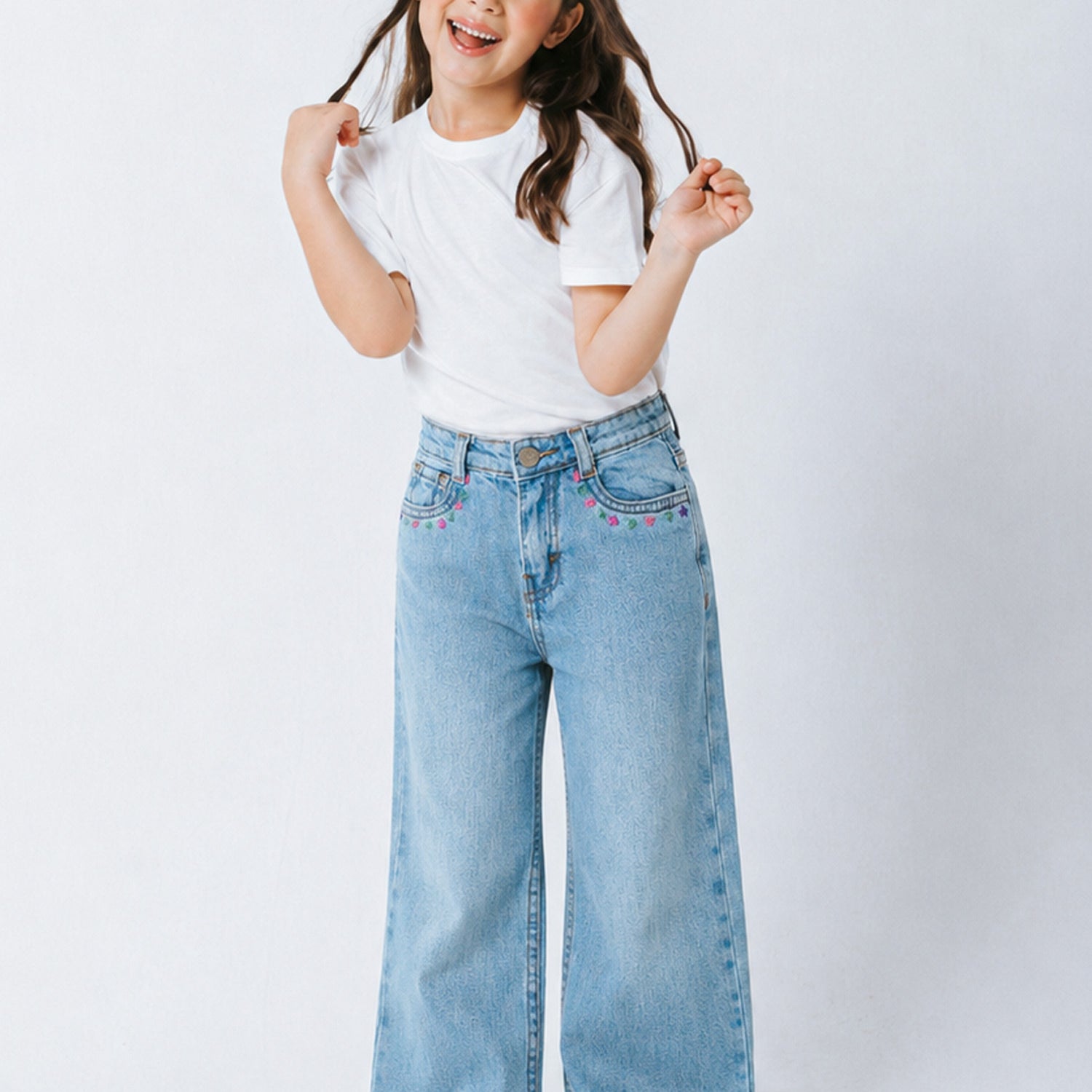Turbo Shimmery Embroidered Wide-Leg Jeans For Girls