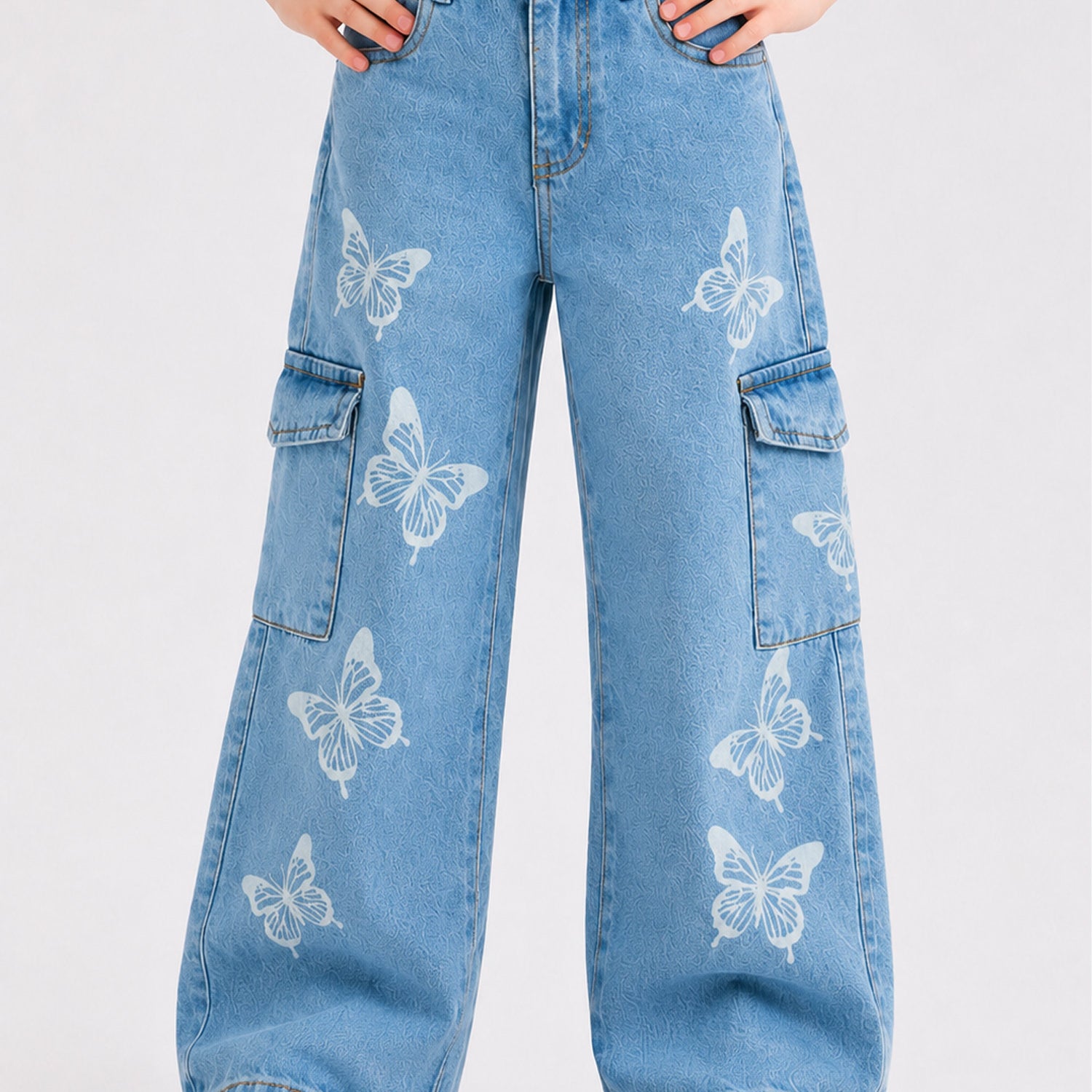 Turbo Butterfly Pattern Wide-Leg Jeans For Girls