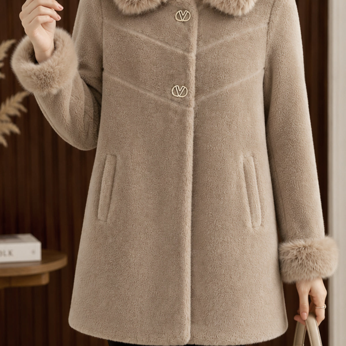 Women's Double Faux Fur Teddy Imp Wool Long Coat