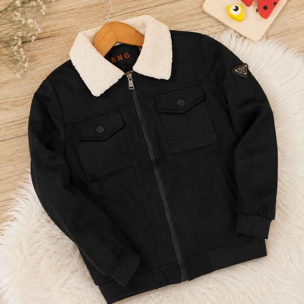 Neutral Faux Imported Kid's Suede Jacket In Black