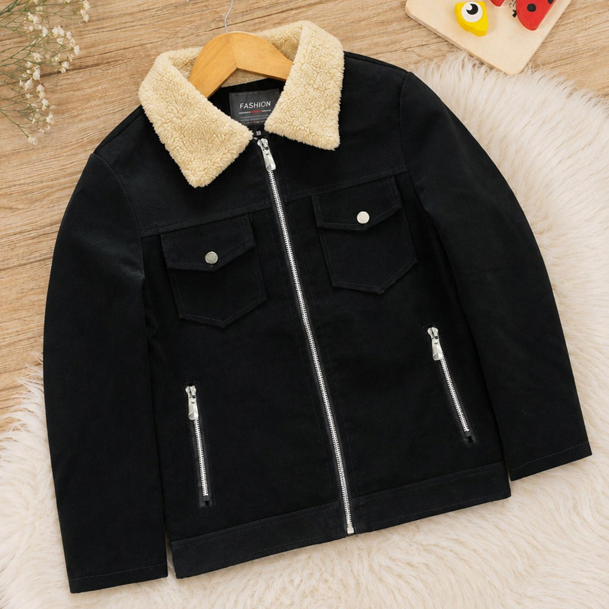 Relaxed Fit Imported Kid's Suede Leather Jacket In Black