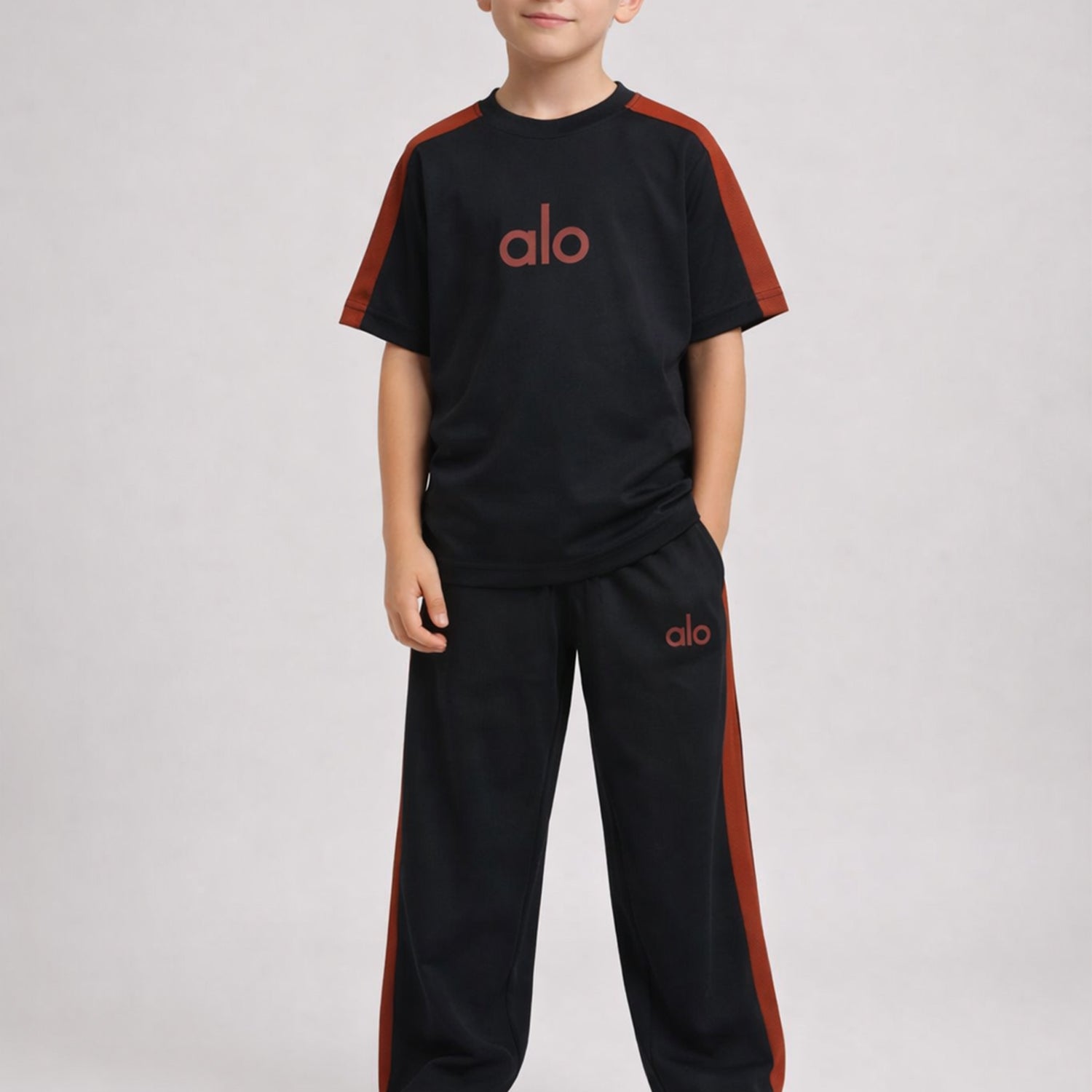 Alo Trendy Side Panel Stripe Younger Kids Tracksuit In Black