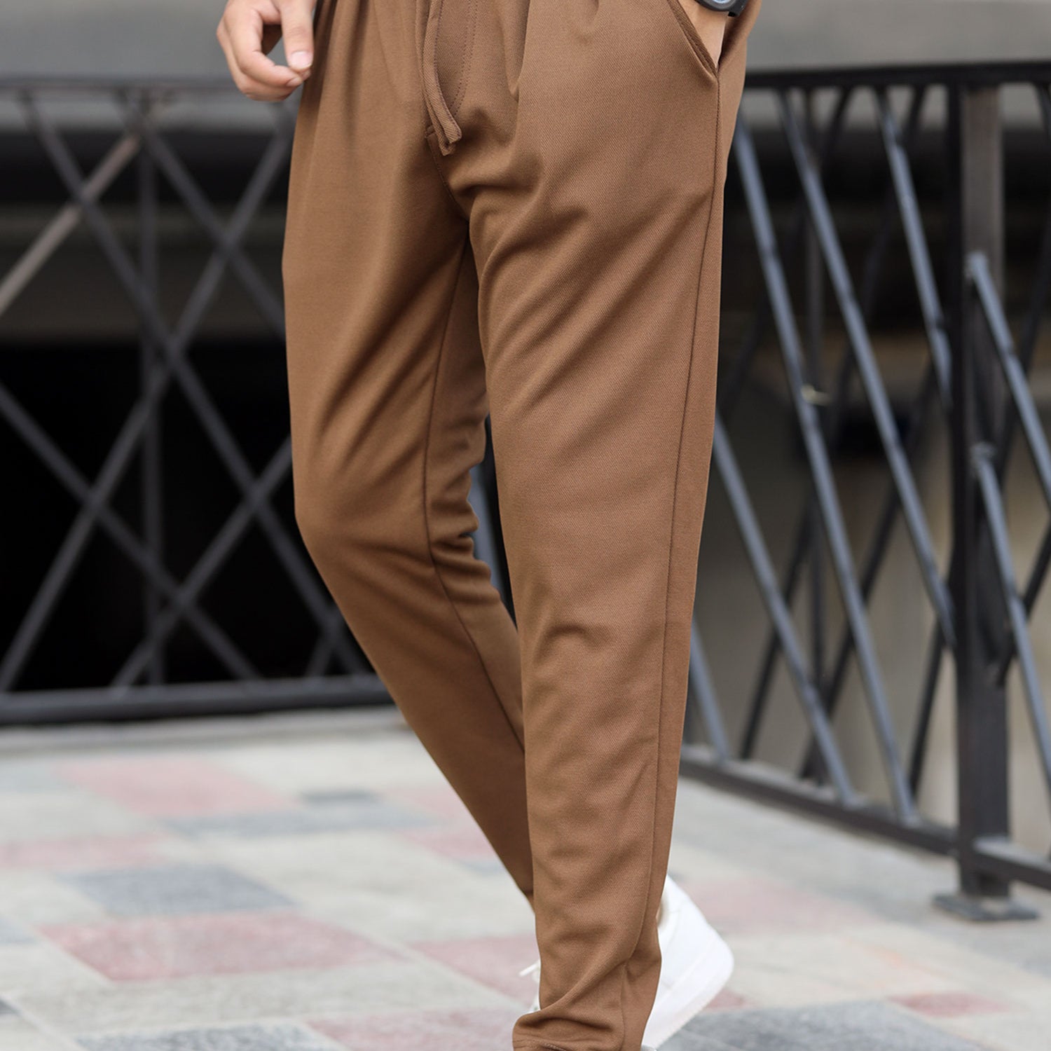 Turbo Pique Textured Double Plate SlimFit Trouser In Brown