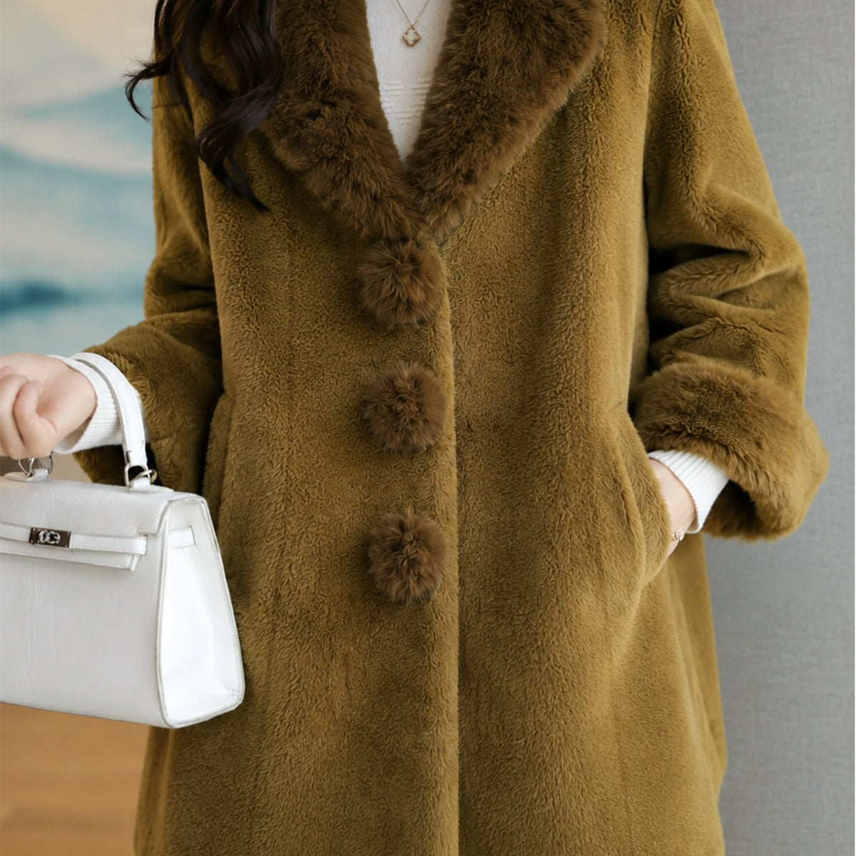 Women's Unique Spherical Buttons Imp Wool Long Coat