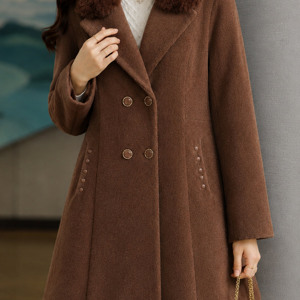Women's Double-Breasted Design Imp Wool Long Coat