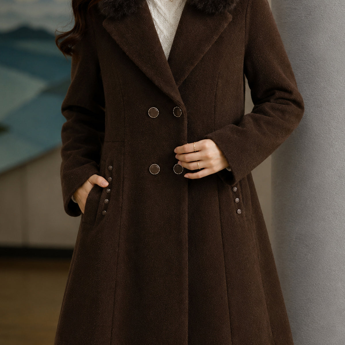 Women's Double-Breasted Design Imp Wool Long Coat