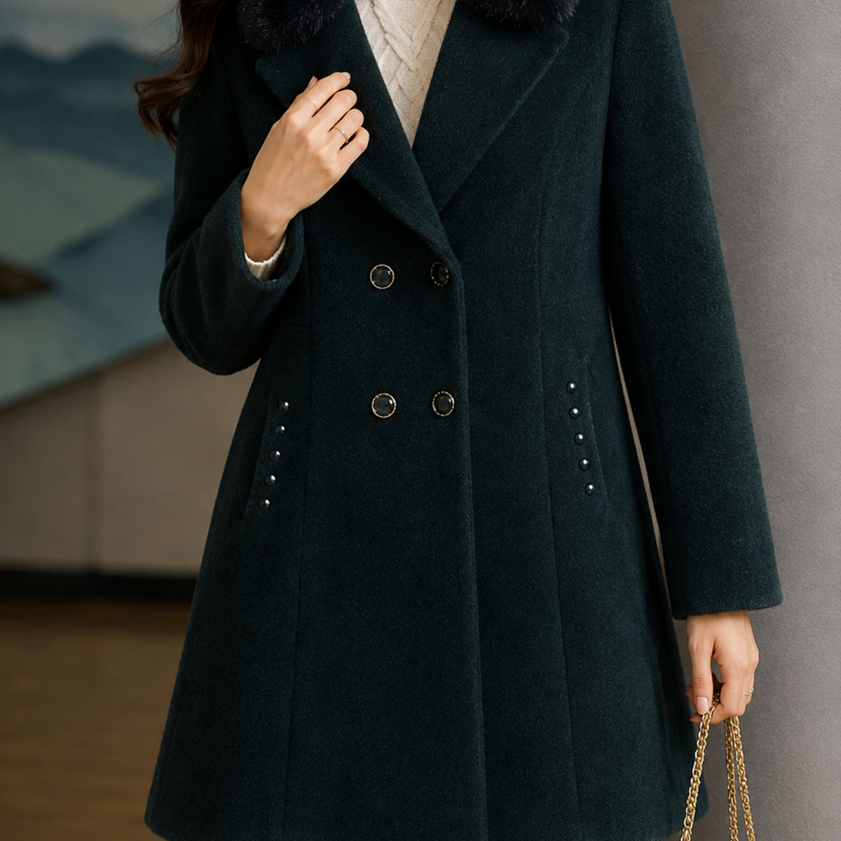 Women's Double-Breasted Design Imp Wool Long Coat