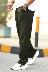 Plain Stripe Line Loose Bottom Trouser In Olive