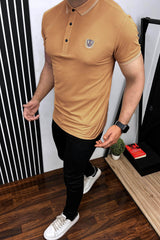 Striped Neck With Embroided logo Polo Shirt In Light Camel