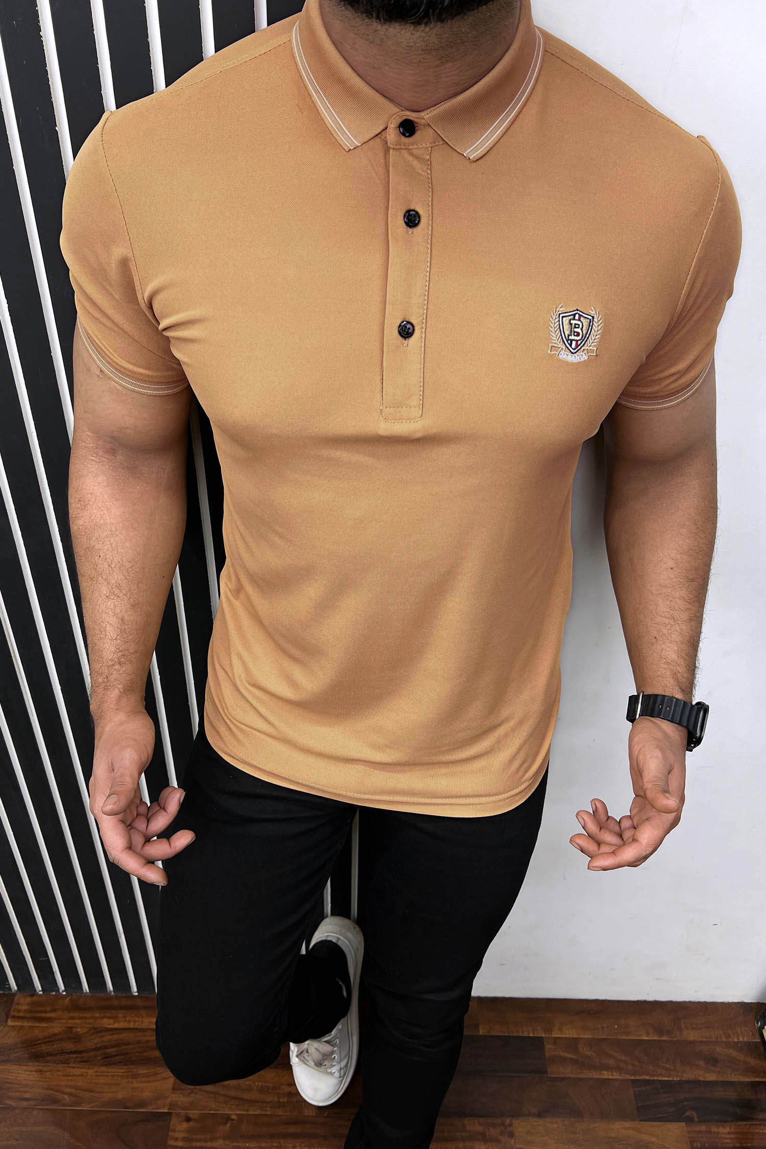 Striped Neck With Embroided logo Polo Shirt In Light Camel
