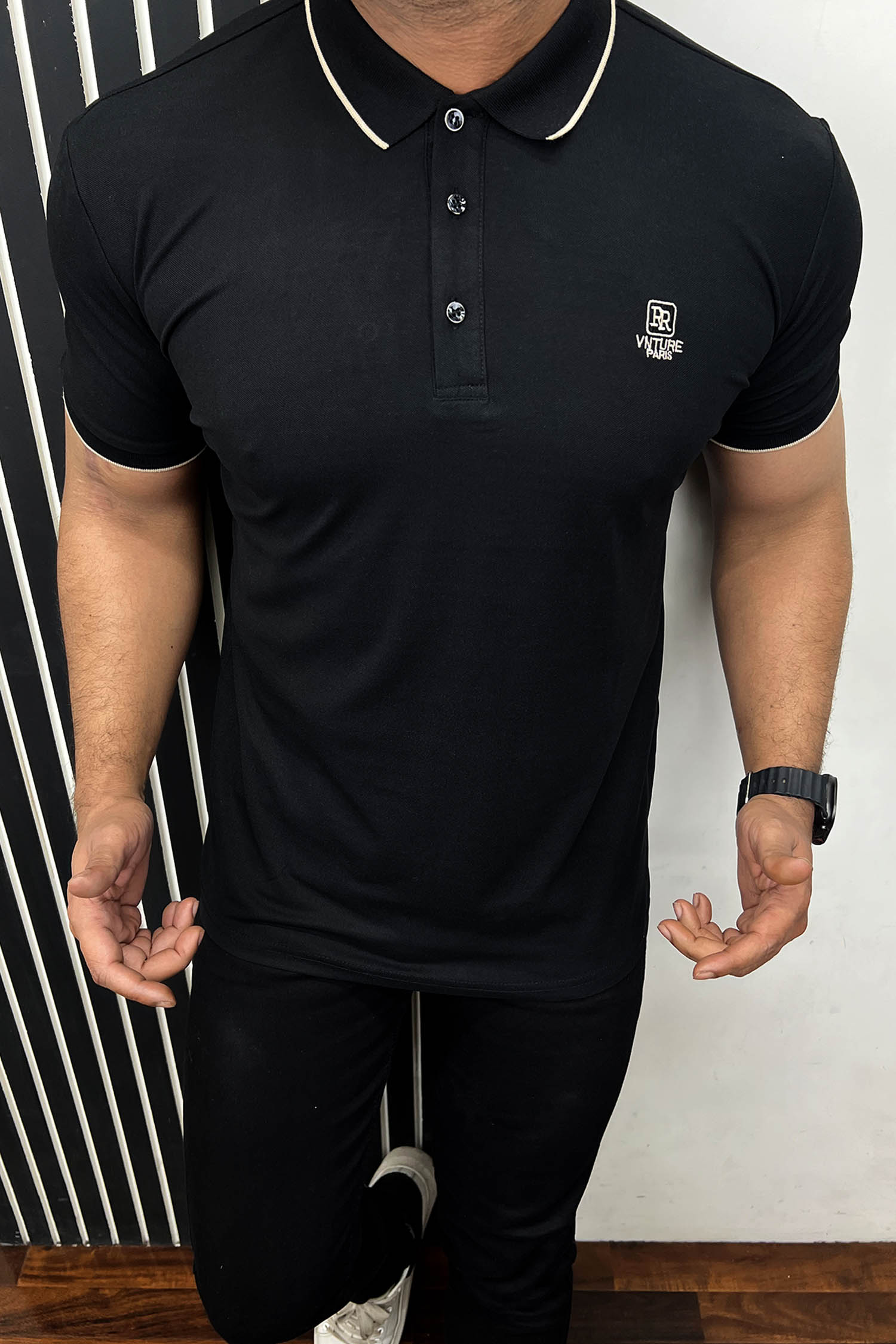 Paris Embroidered Logo Men Polo Shirt In Black