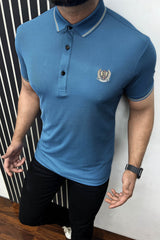 Striped Neck With Embroided logo Polo Shirt In Blue