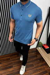 Striped Neck With Embroided logo Polo Shirt In Blue