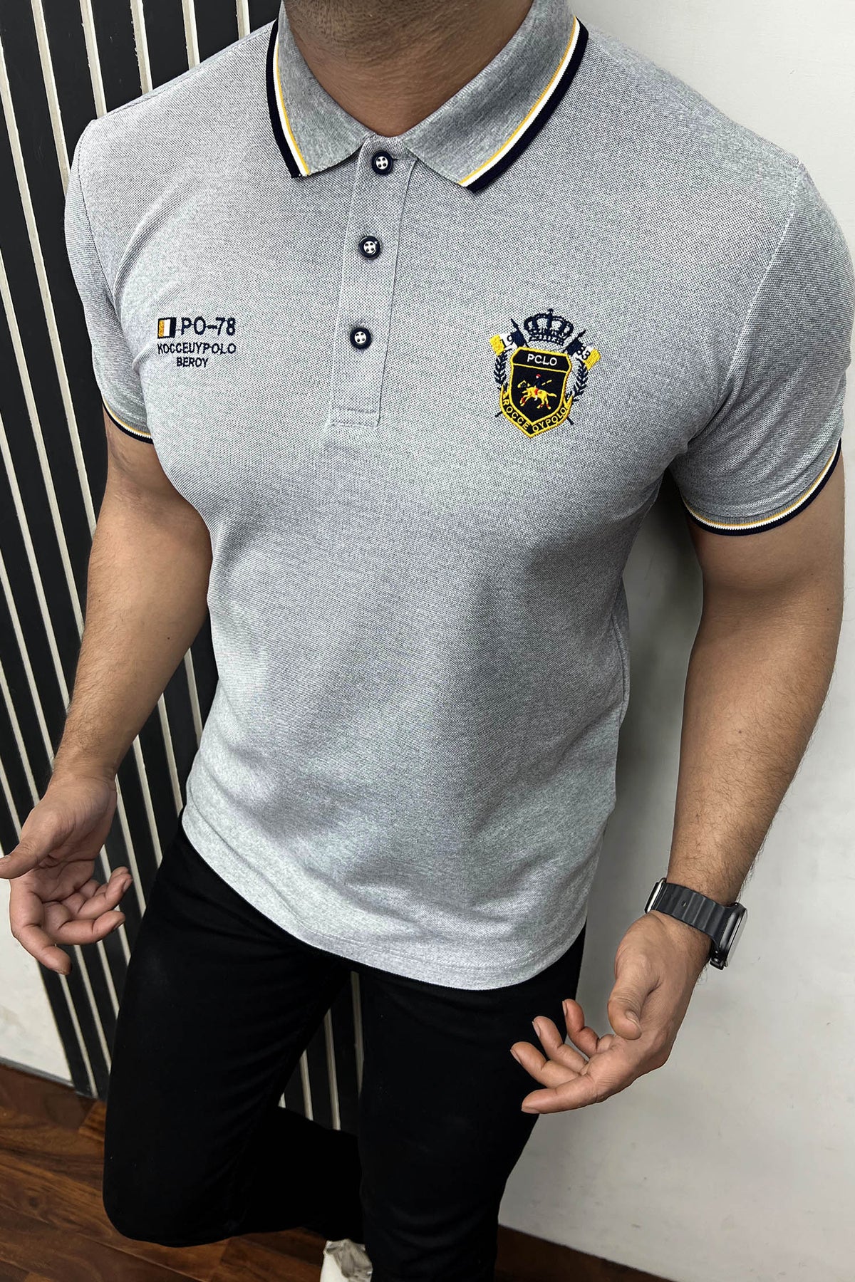 Striped Neck With Embroided logo Polo Shirt In Slate Grey