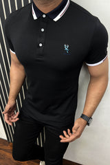 Striped Neck With Embroided logo Polo Shirt In Black