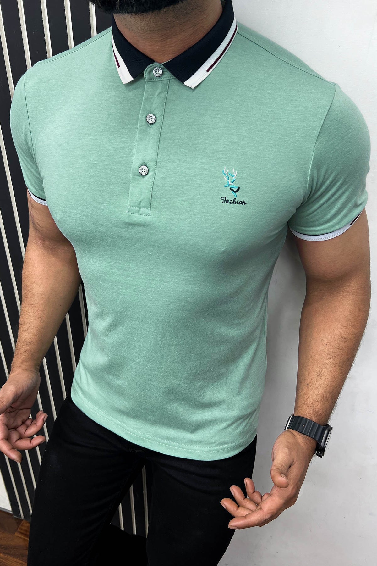 Striped Neck With Embroided logo Polo Shirt In Sea Green