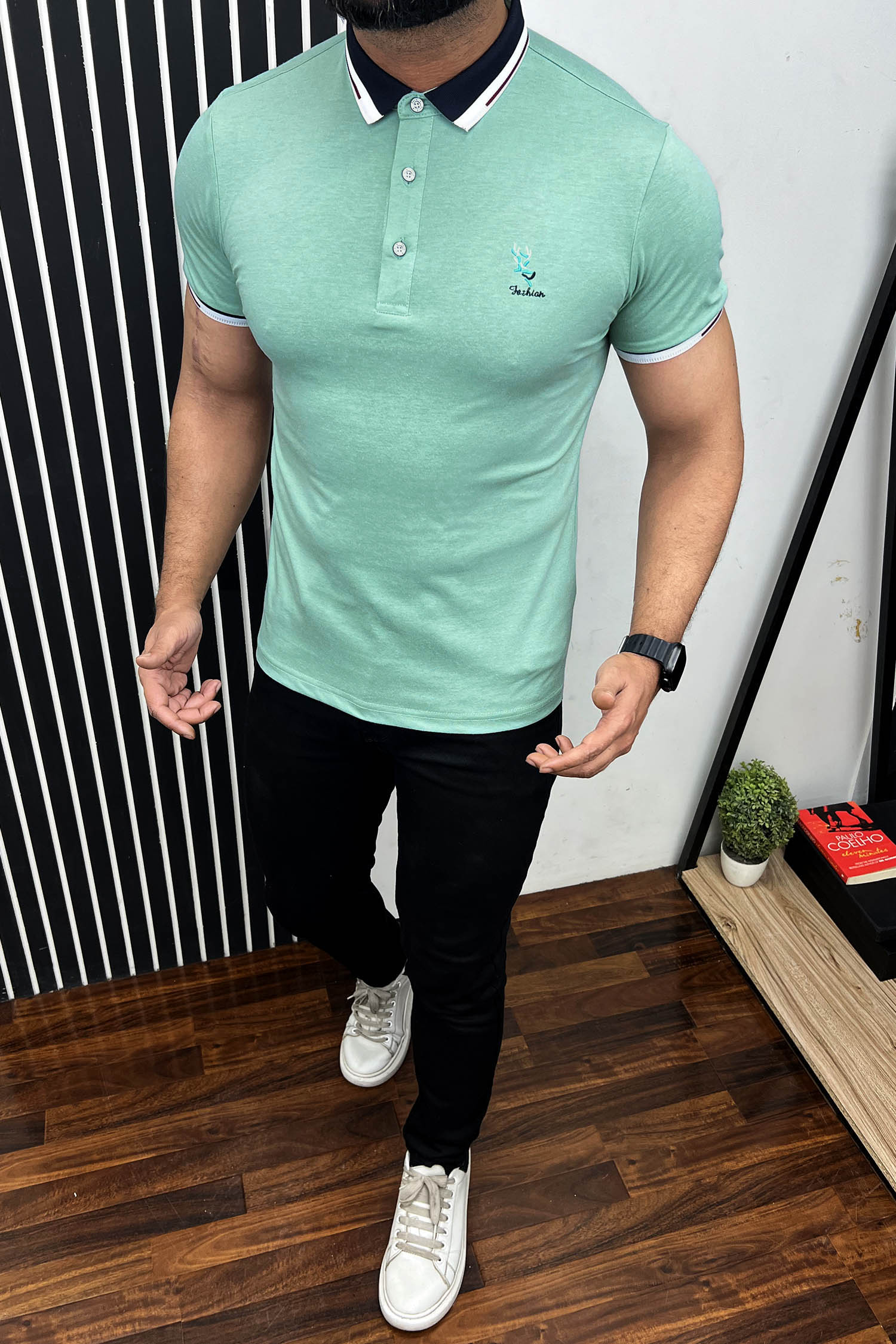 Striped Neck With Embroided logo Polo Shirt In Sea Green