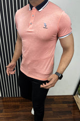 Striped Neck With Embroided logo Polo Shirt In Baby Pink