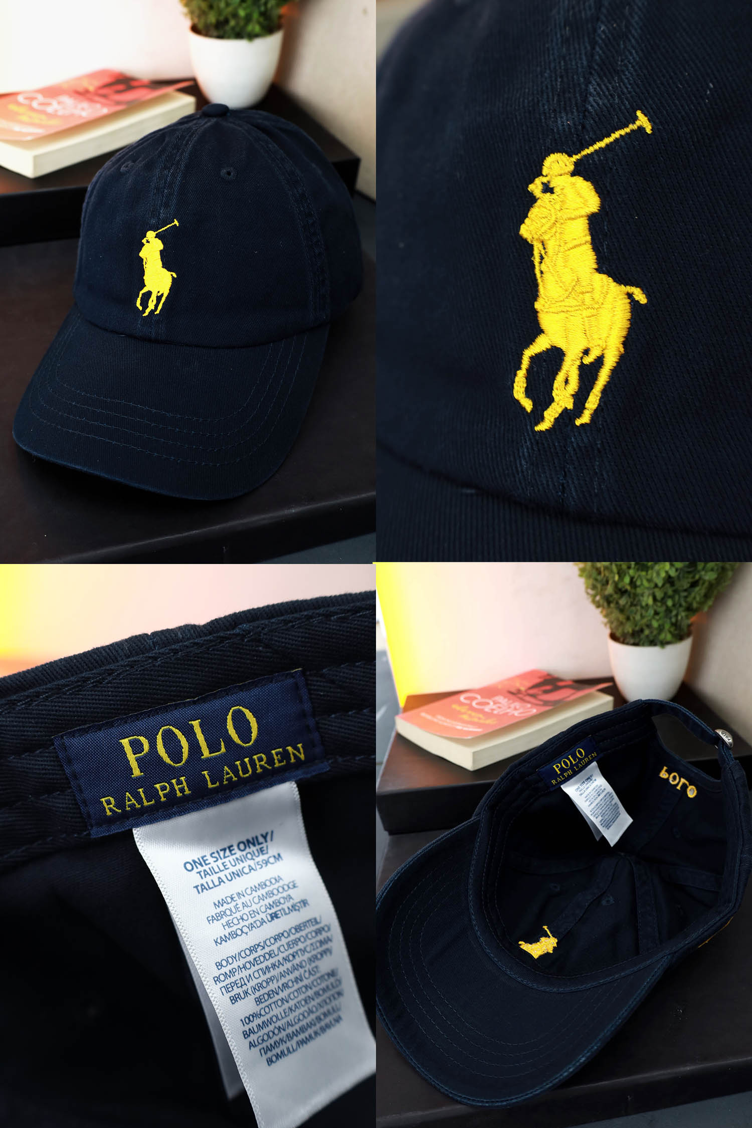 Polo Embroidered logo Cotton Cap In Navy And Yellow