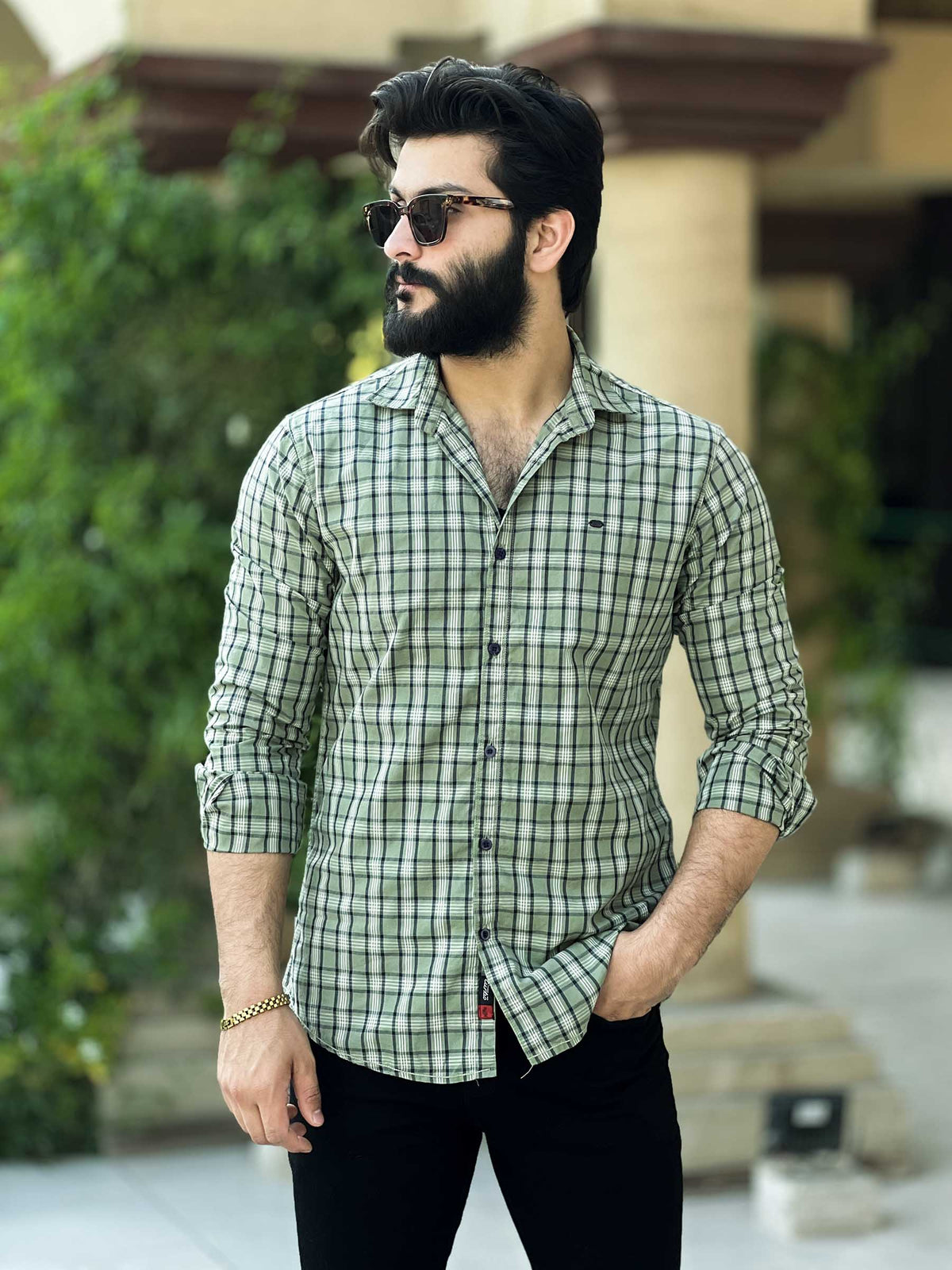 Lining Check Men Full Sleeve Cotton Shirt In Light Green