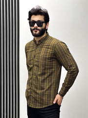 Lining Check Design Men Full Sleeve Cotton Shirt In Olive