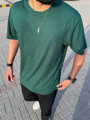 Self Texture Turbo Round Neck T-Shirt In Green