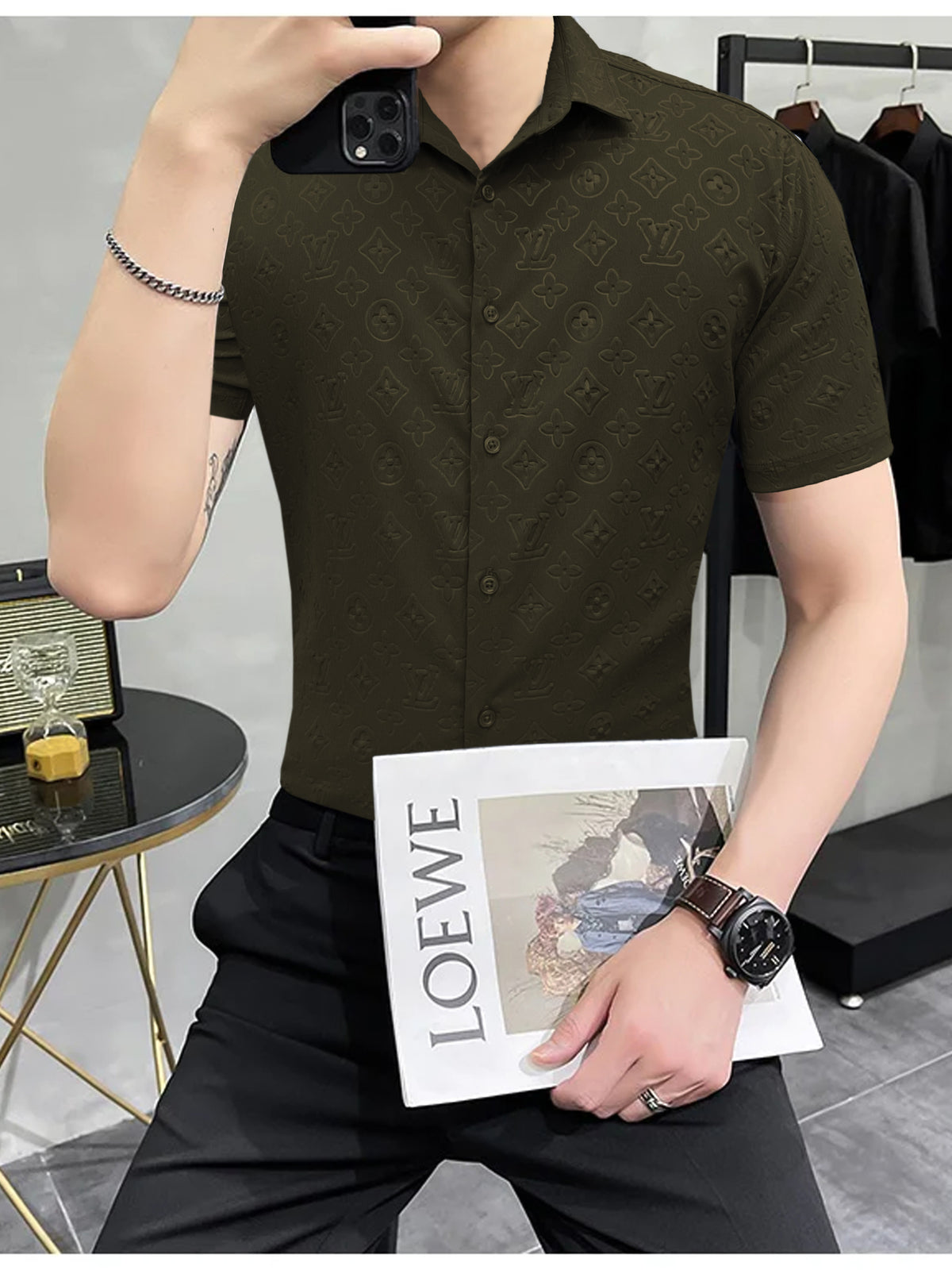 Embossed LV Logo Casual Shirt In Olive