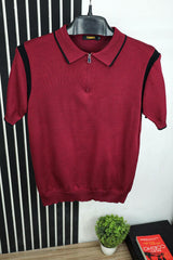 Half Zip Style Cropped Collar Jumper Polo Shirts in Maroon