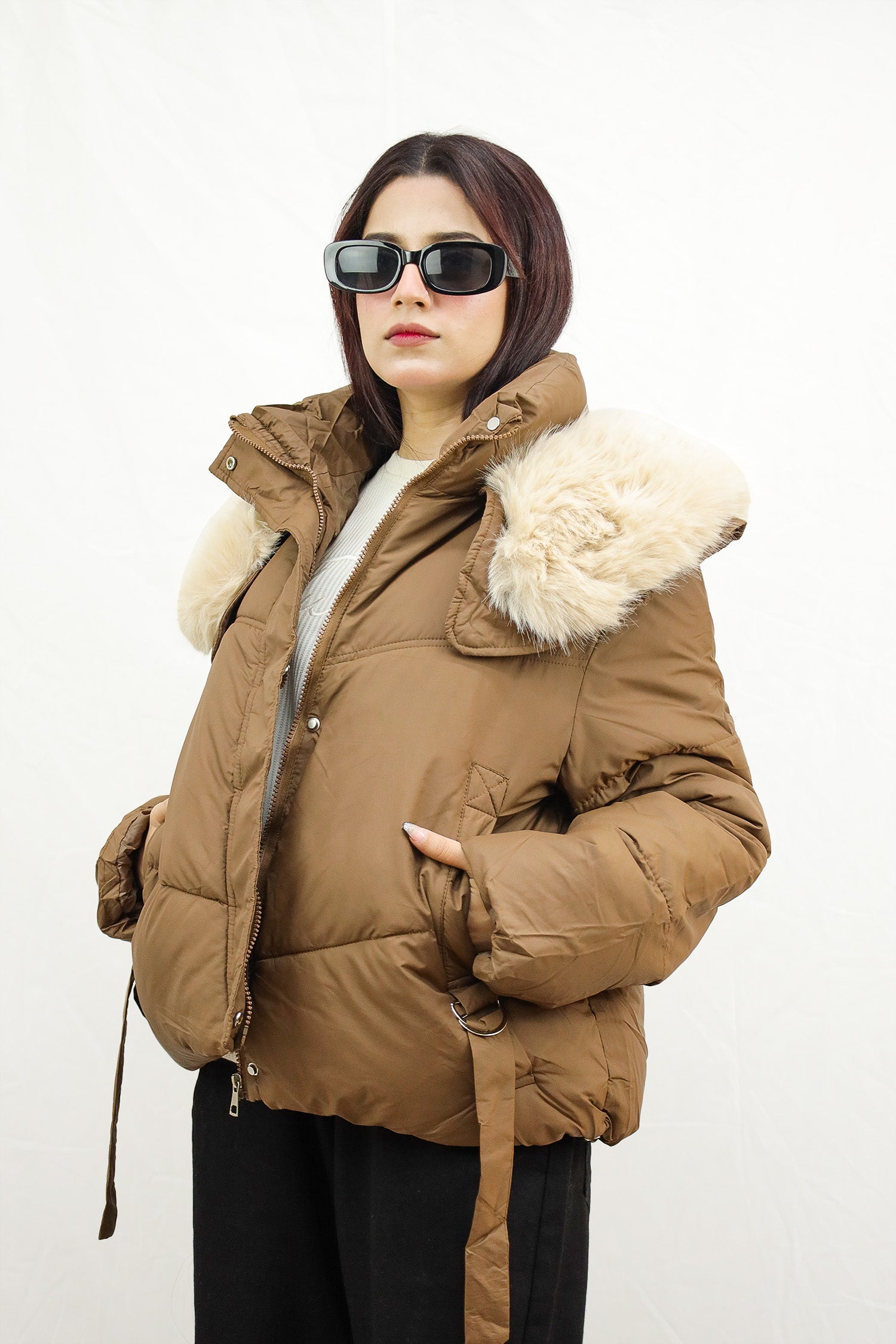 Fur Collar Trimmed Quilted Women Imported Puffer Jacket