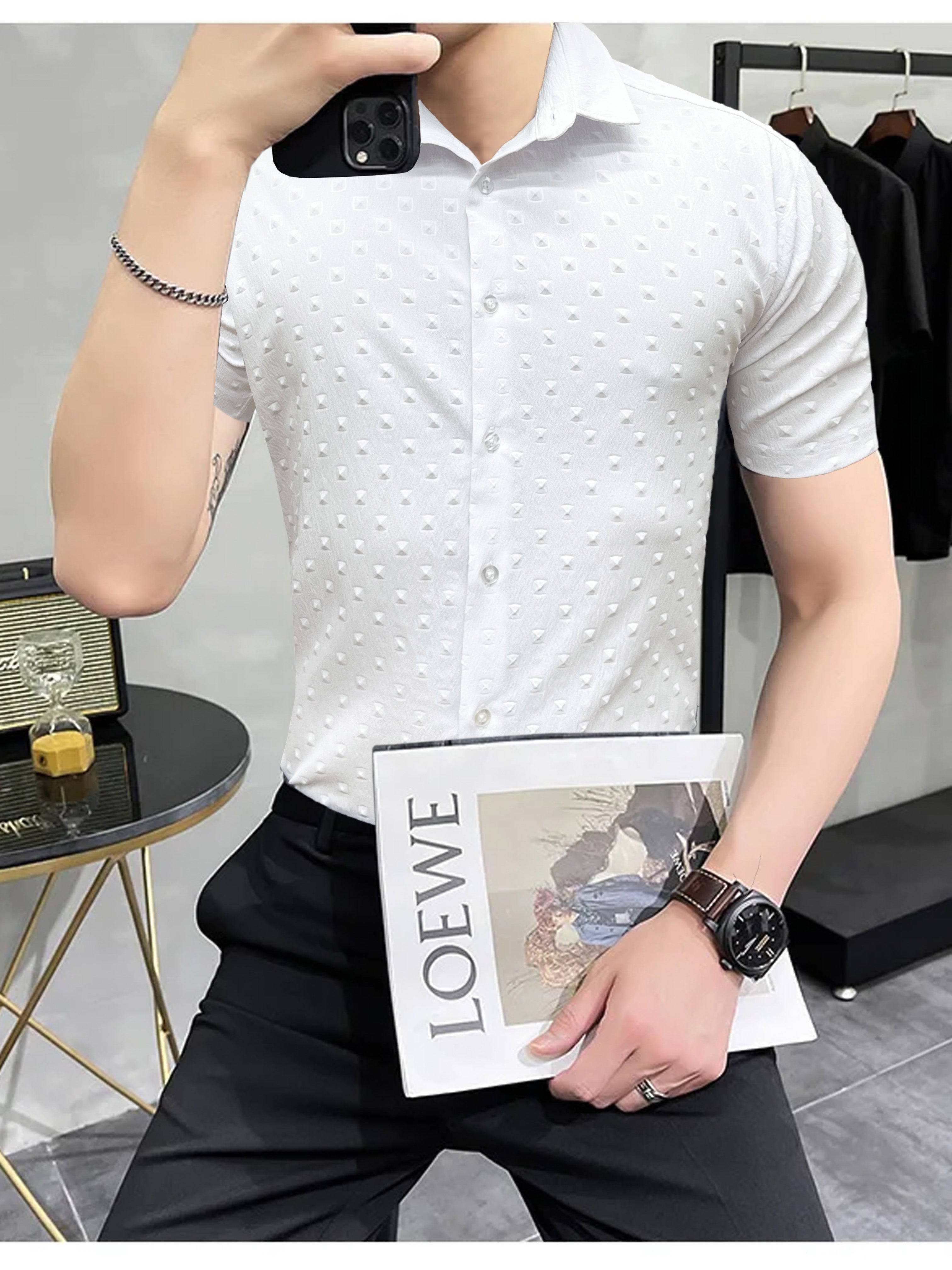 Embossed Vertical Cubic Casual Shirt In White