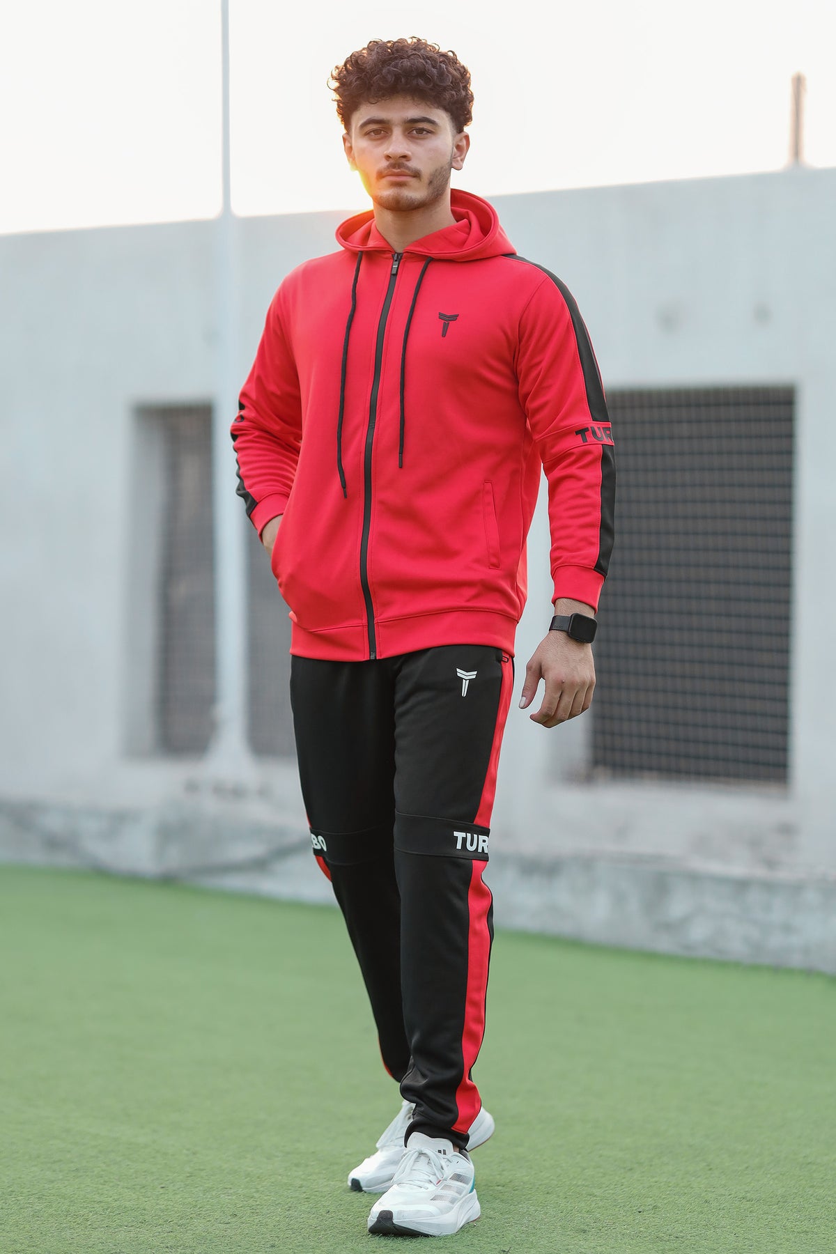 Turbo Hood Style Panel Men Zipper Tracksuit In Red