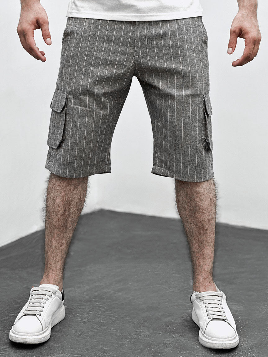 Vertical Lining Cargo Cotton Shorts In Grey