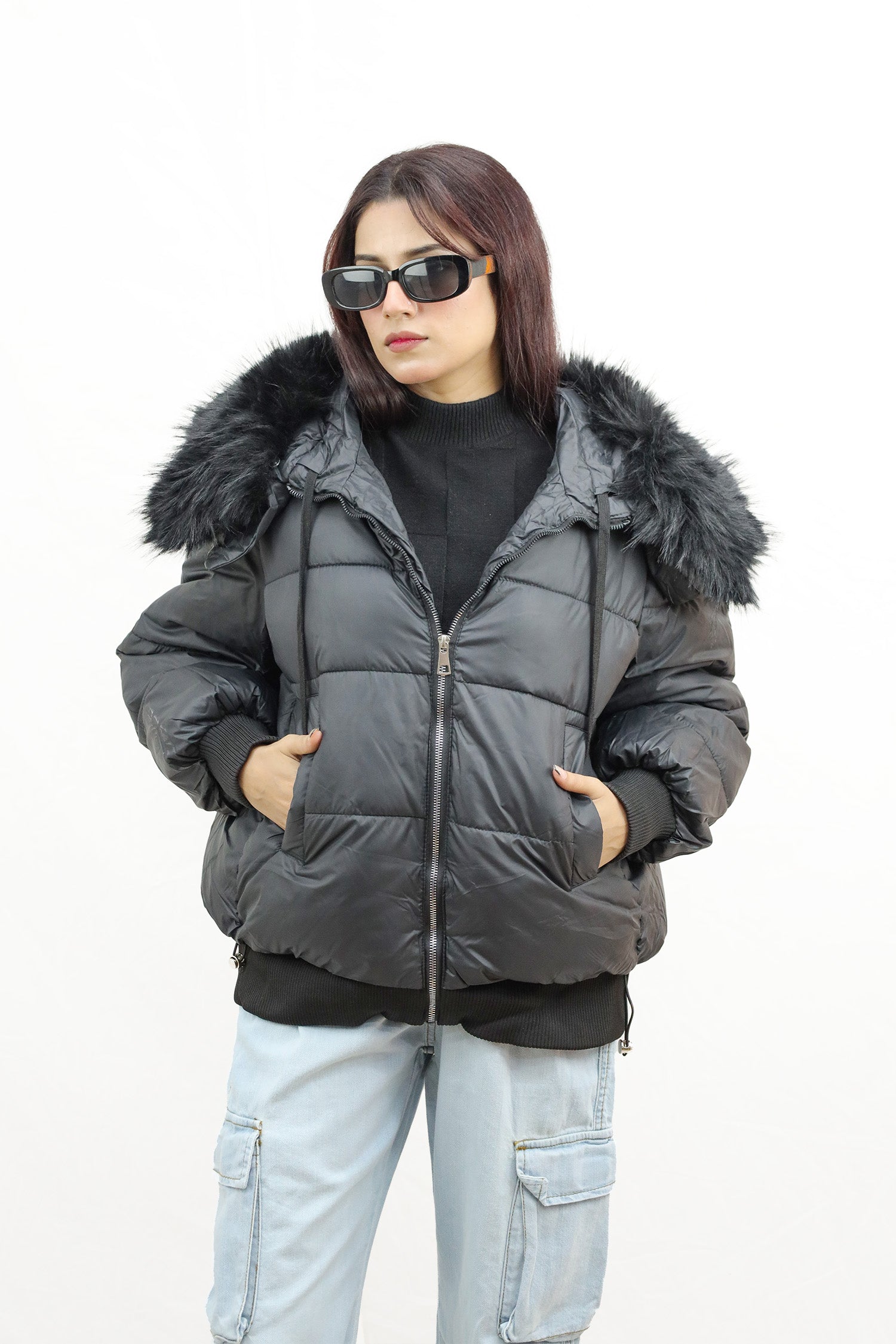 Trendy Fur Trim Bomber Women Imported Puffer Jacket