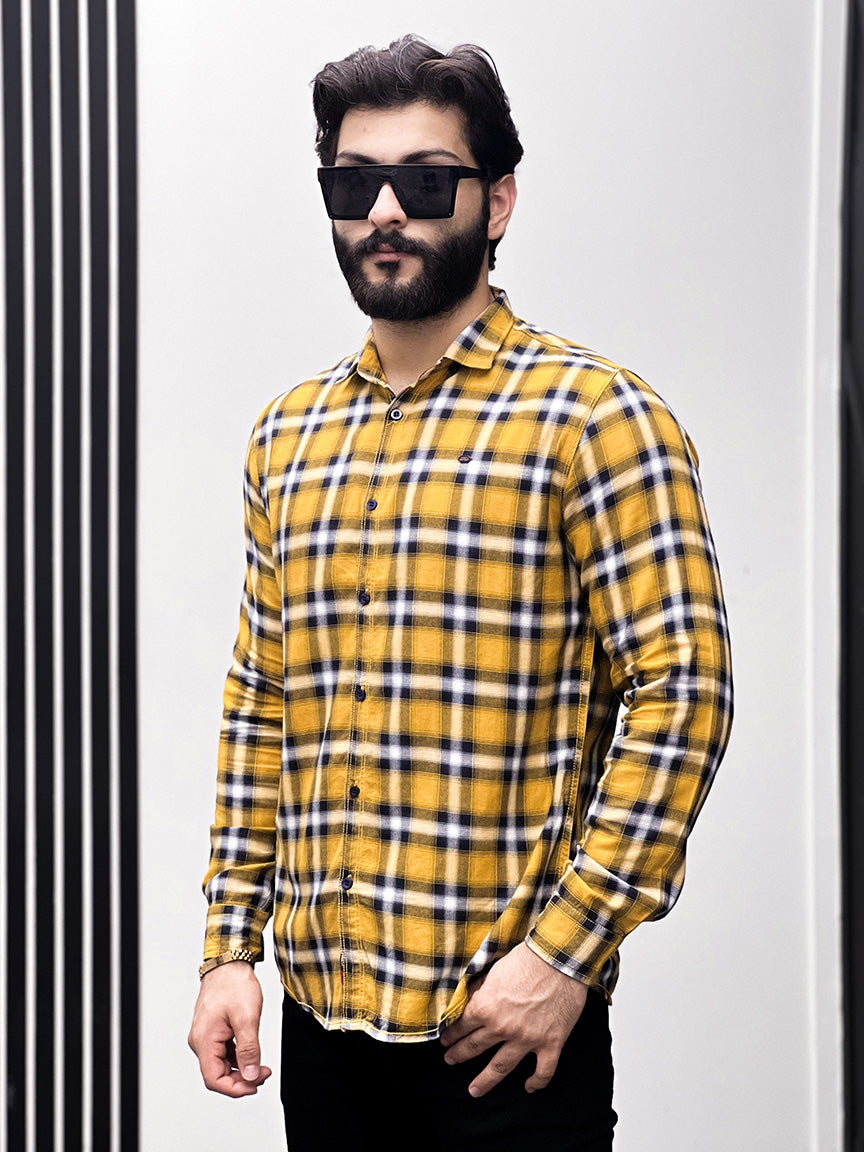 Tartan Check Men Full Sleeve Cotton Shirt In Yellow