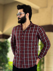 Grid Check Men Full Sleeve Cotton Shirt In Maroon