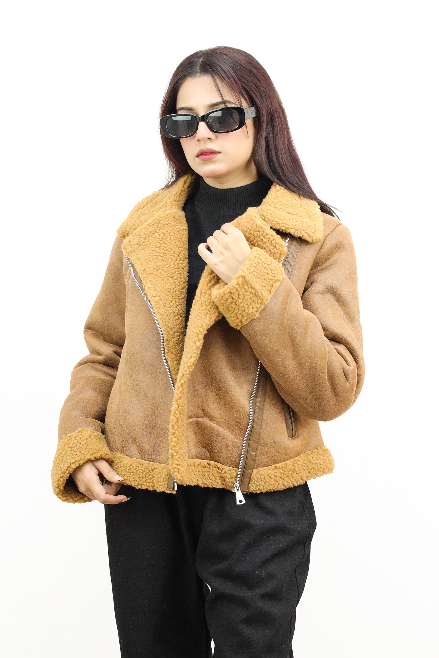 Glamorous Sherpa Inside Panel Women Imported Suede Jacket