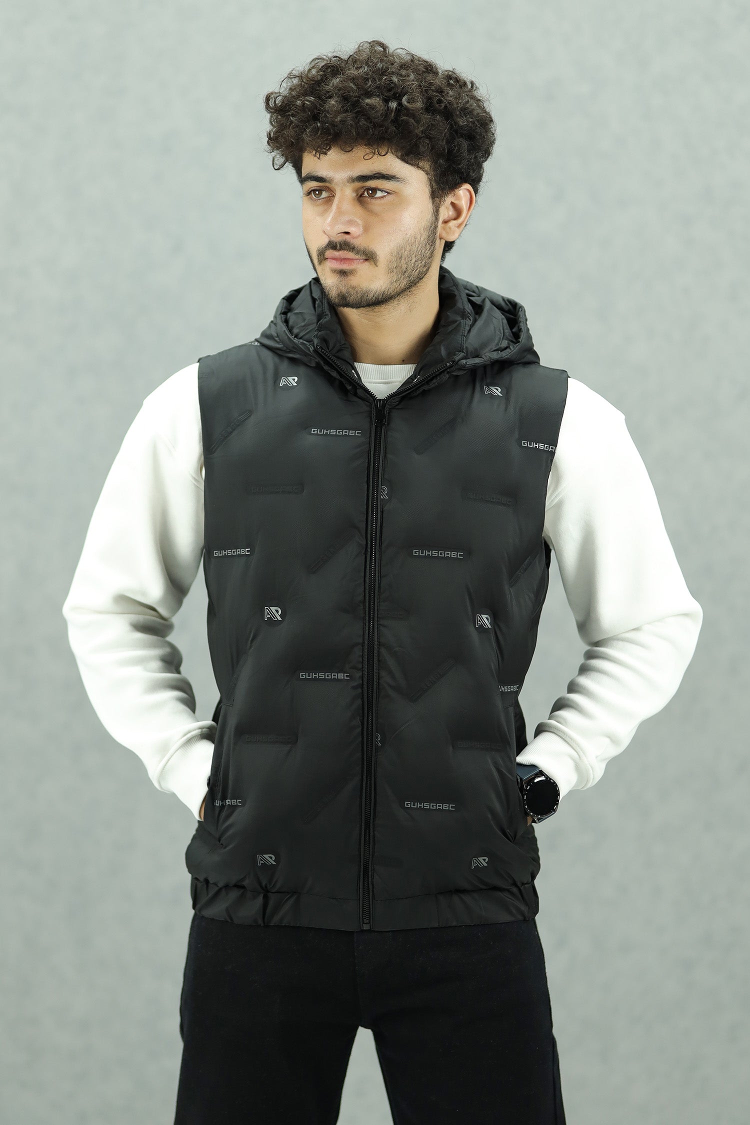 Embossed Design Quilted Detachable Hood Imported Men's Gilet