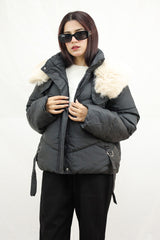 Fur Collar Trimmed Quilted Women Imported Puffer Jacket