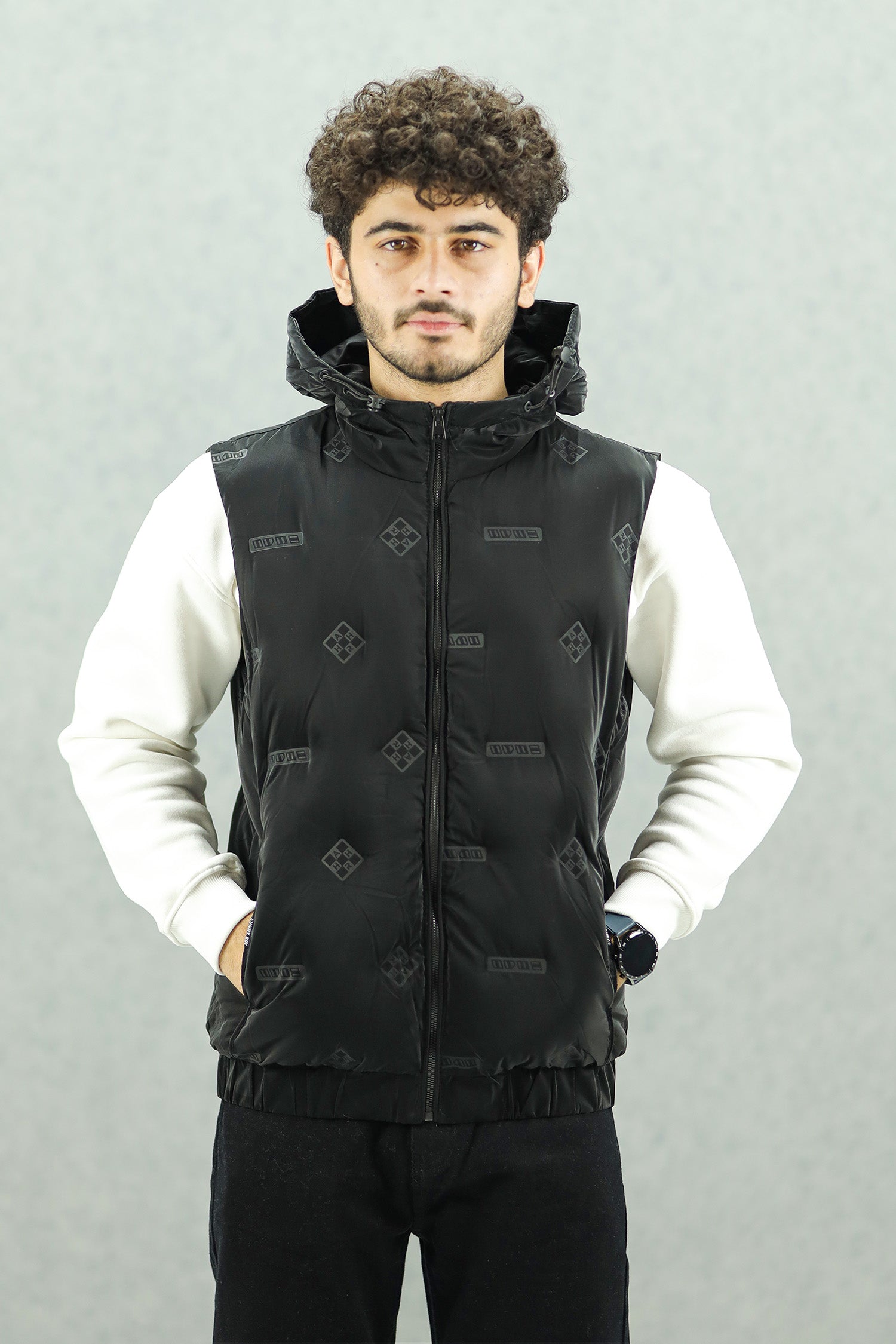 All Over Logo Detachable Hooded Imported Men's Gilet