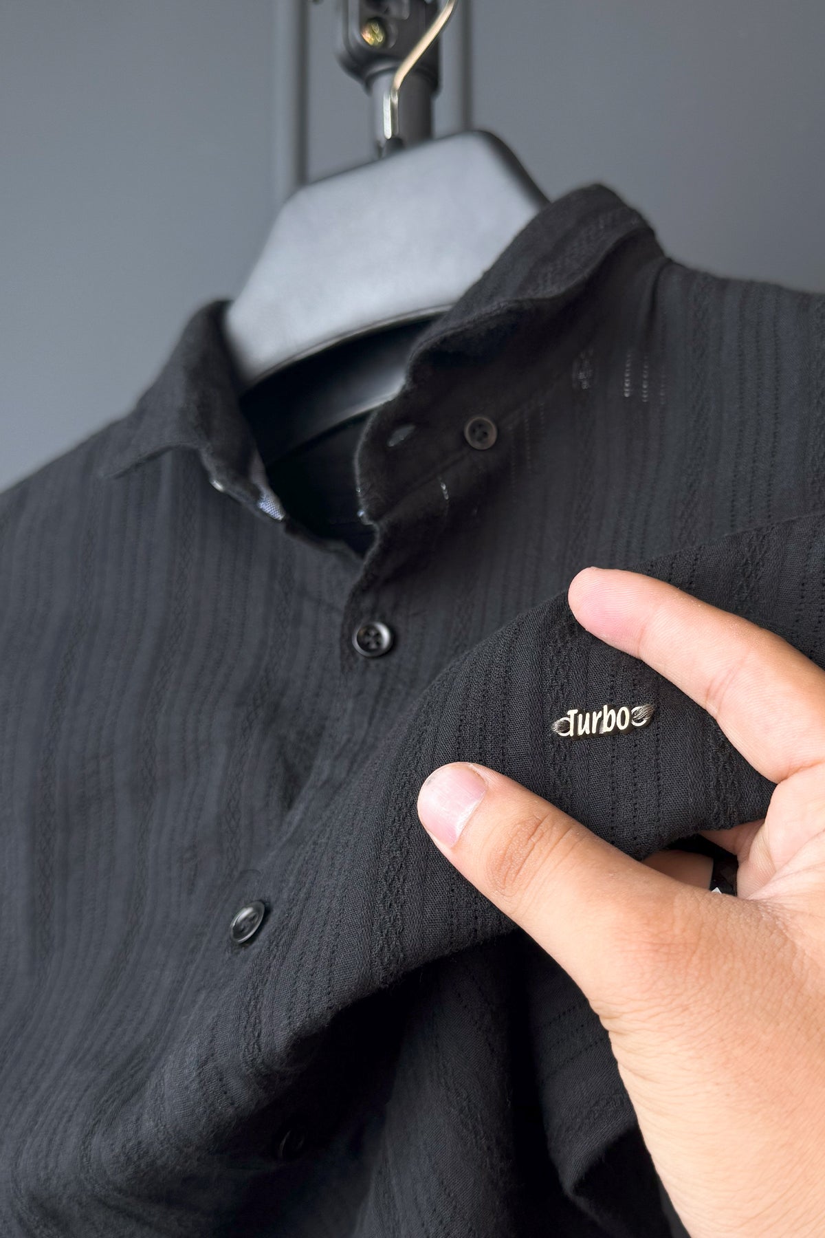 Turbo Self Stripe Motif Long Sleeve Cotton Casual Shirt In Black