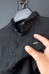Turbo Self Stripe Motif Long Sleeve Cotton Casual Shirt In Black