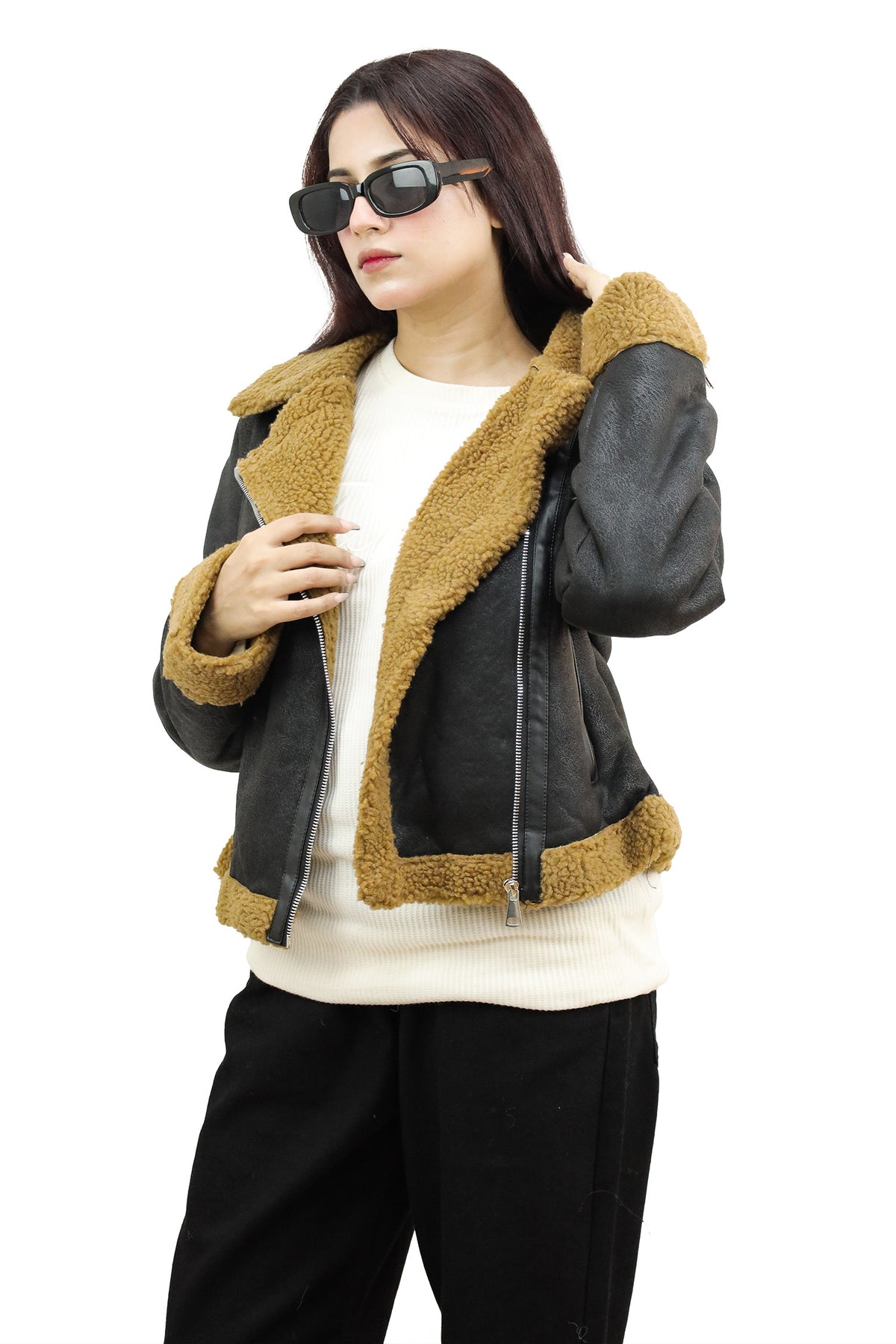 Glamorous Sherpa Inside Panel Women Imported Suede Jacket