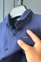 Turbo Self Stripe Motif Long Sleeve Cotton Casual Shirt In Navy Blue