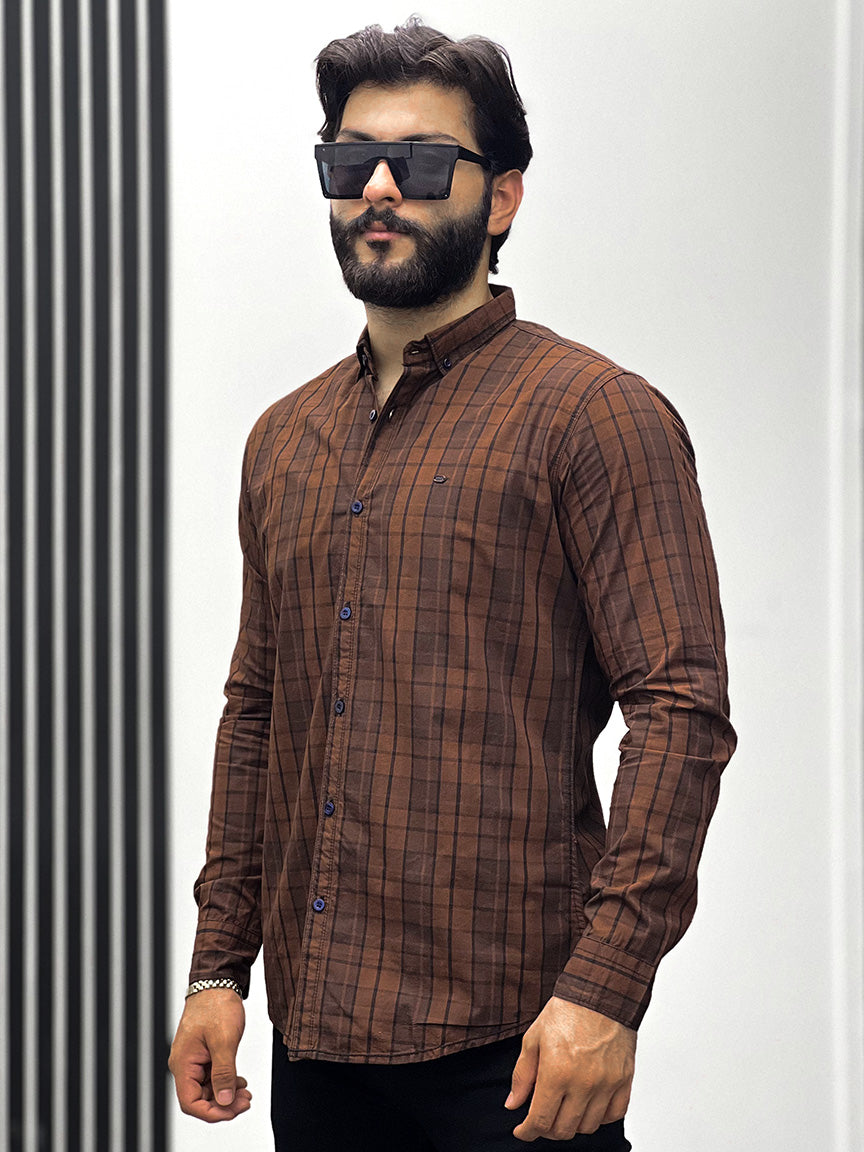 Lining Check Design Men Full Sleeve Cotton Shirt In Coffee