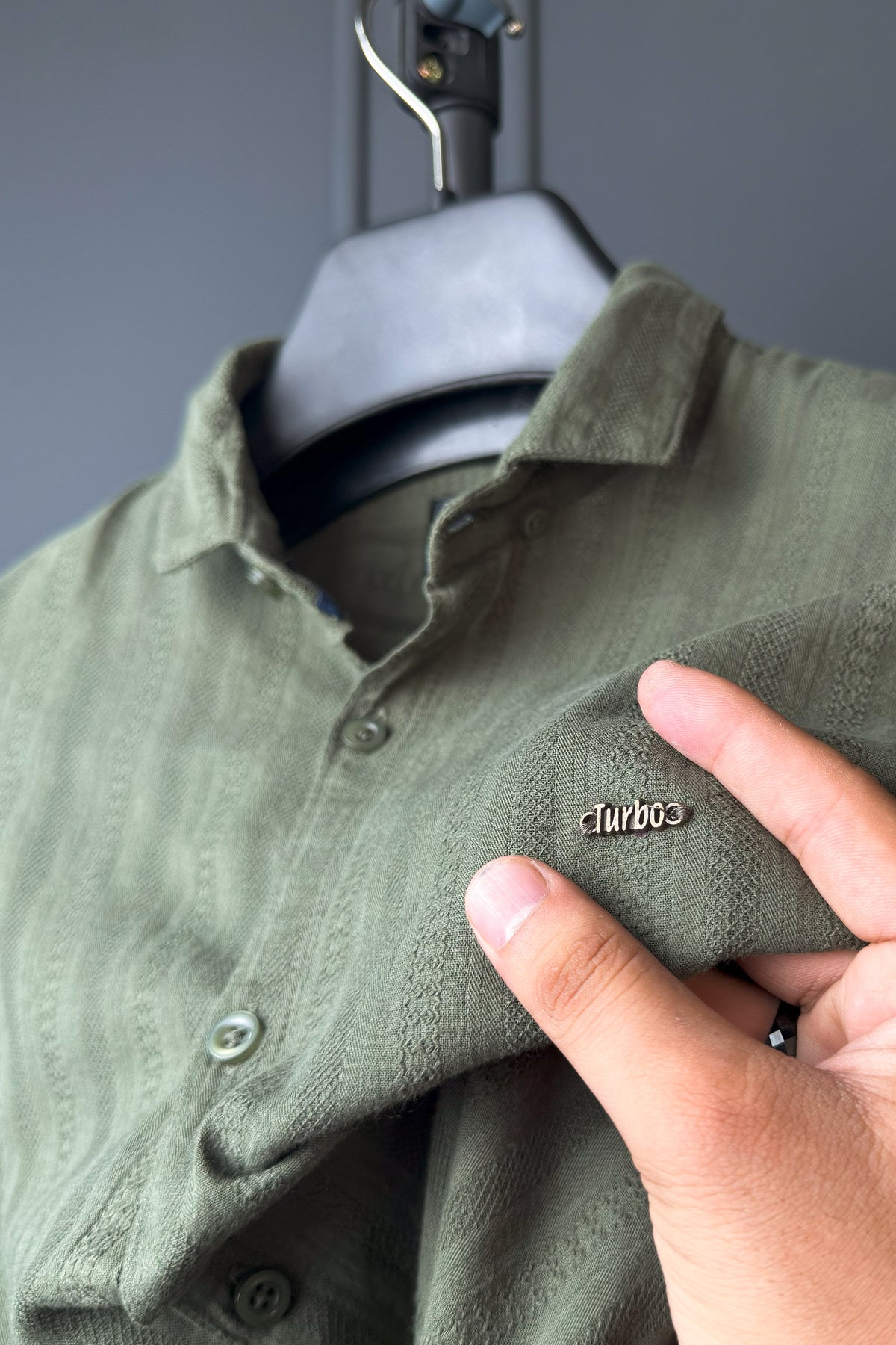 Turbo Self Stripe Motif Long Sleeve Cotton Casual Shirt In Camo Green