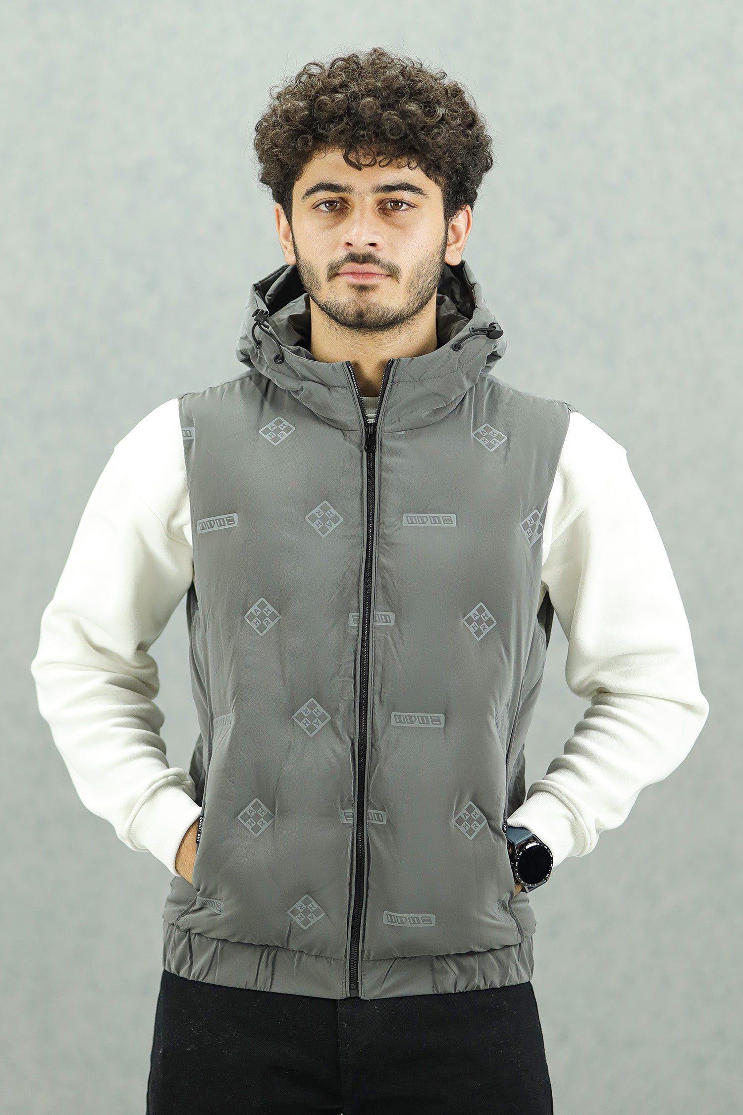 All Over Logo Detachable Hooded Imported Men's Gilet