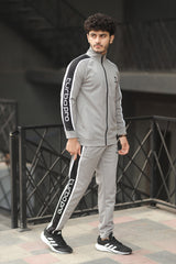 Turbo Signature Typography Men Zipper Tracksuit In Light Grey